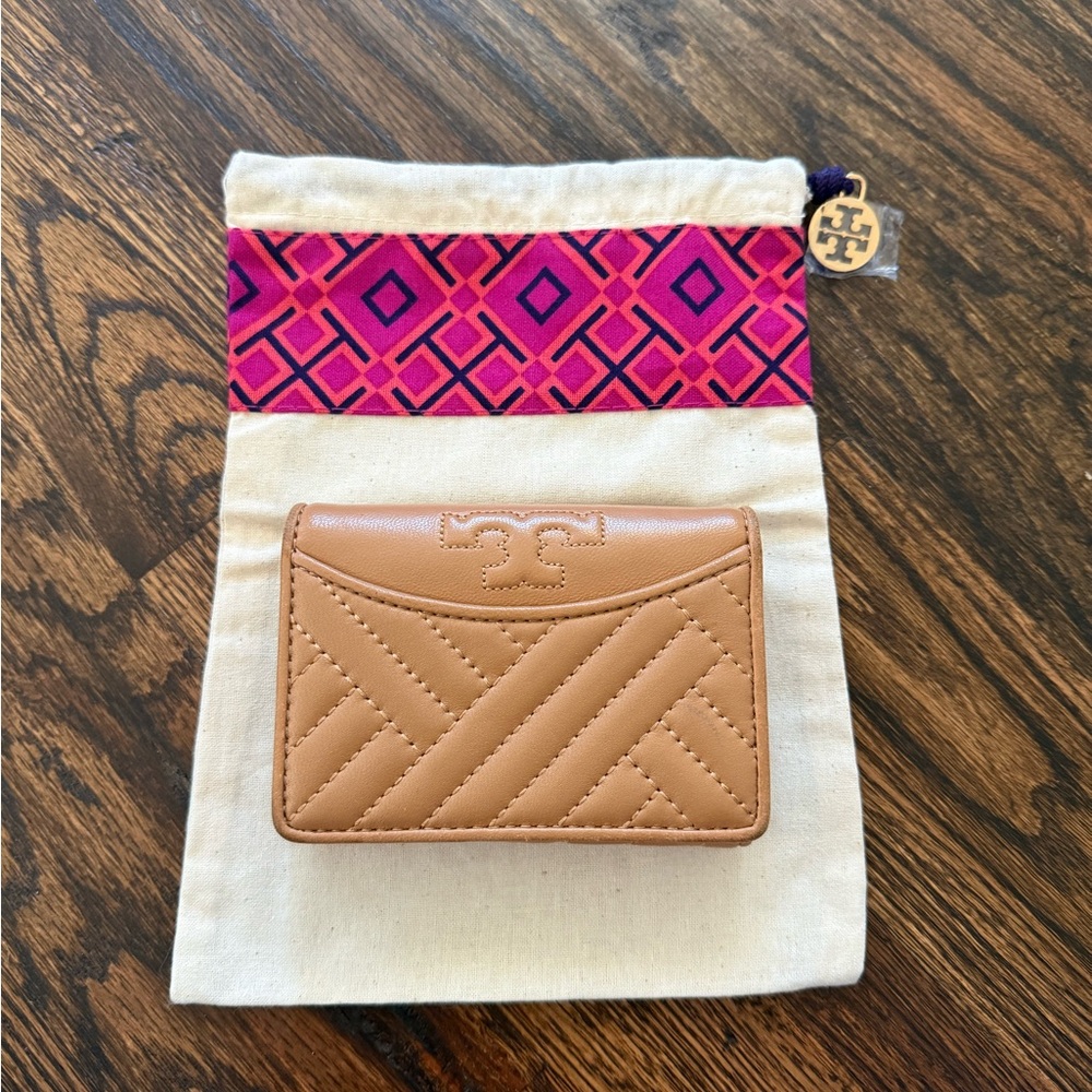 Tory Burch Tan Quilted Card Holder with Logo